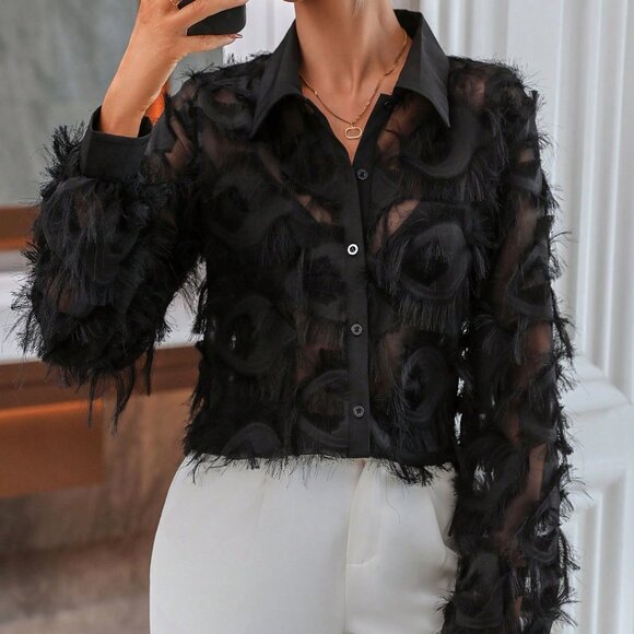 Black Party Women's Fuzzy Trim Button Front Shirt - Picture 5 of 7